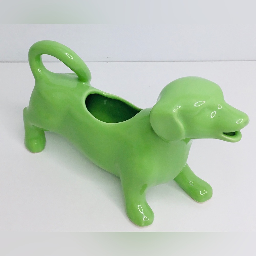 Dachshund Weiner Dog Ceramic Green Creamer Cream Gravy Server Dispenser